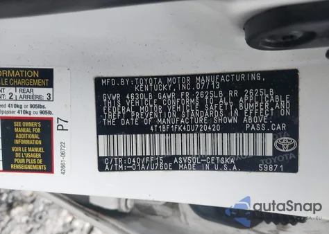 2013 Toyota Camry Se z USA, uszkodzony, nr VIN 4T1BF1FK4DU720420